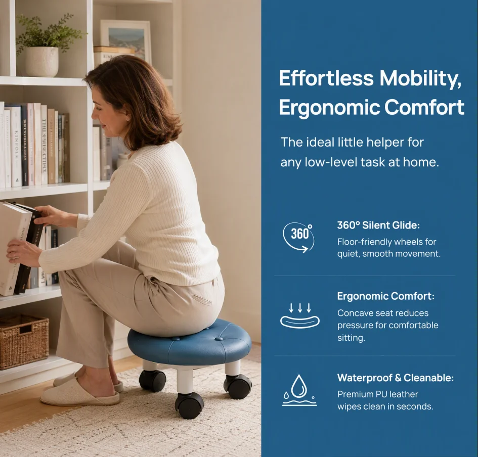 1pc COFIT Rolling Low Stool with Wheels - Stylish&Durable Plastic Footstool in White,Deep Blue,or Black-Ideal for Entryway, Bath