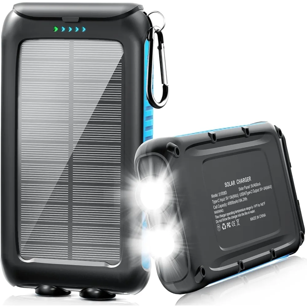 

Portable Solar Charger Power Bank 49800mAh with LED Flashlight 15W Fast Charging USB C Waterproof External Battery Pack for