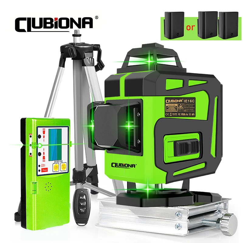 CLUBIONA 3D/4D 12/16 Lines Green Laser Level 360 Horizontal Vertical Cross-Line Self-Leveling Remote Control with 1/2 Batteries