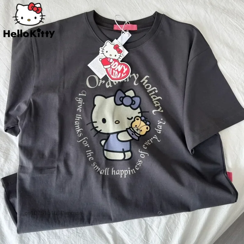 New Grey Hello Kitty Cute Printed Short Sleeved Cotton T-shirt for Men and Women Sanrio Couple Summer Loose Casual Tops Clothing