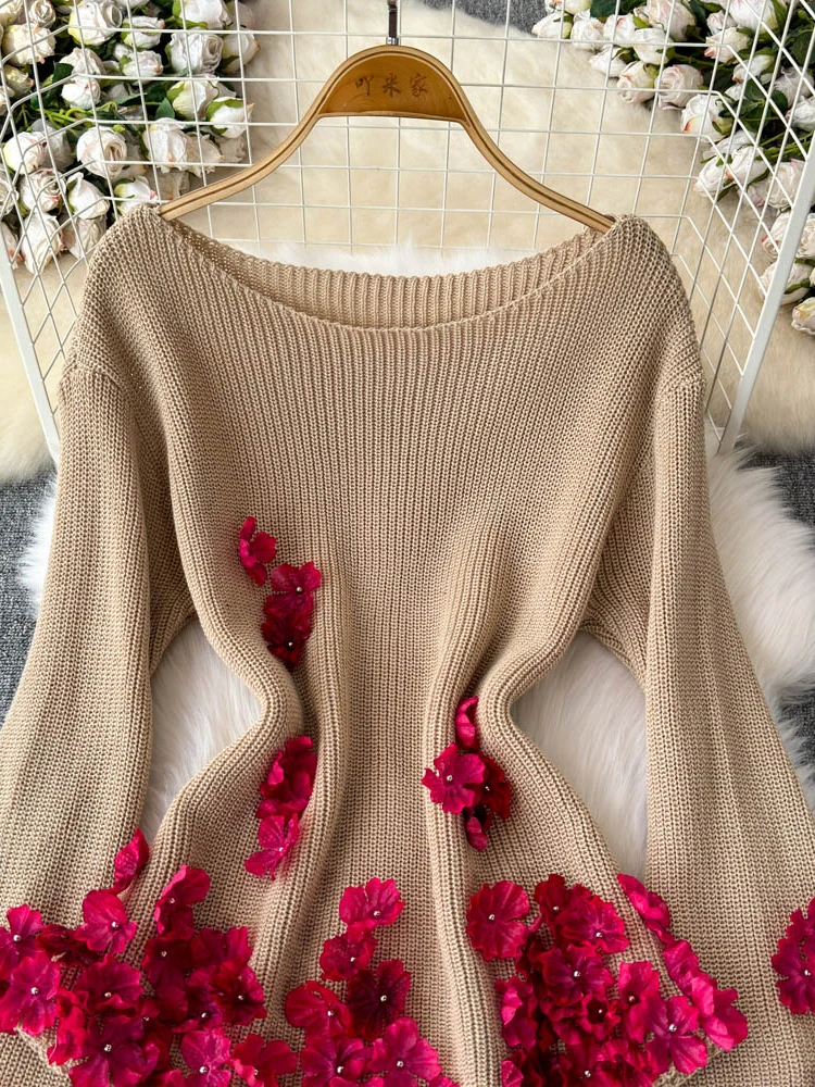 Women's Khaki Pullover Sweater Harajuku Vintage Korean Y2k Long Sleeves 3D Floral Cashmere Sweater Jumper 2000s Clothes Autumn