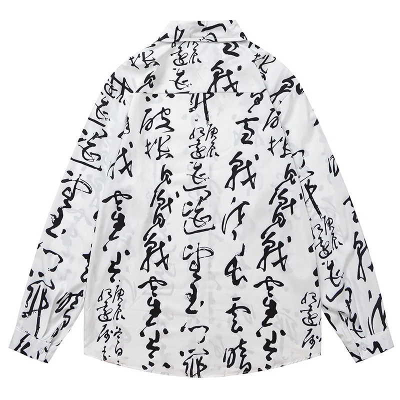 Men's Shirts Chinese Calligraphy Print Blouse Literary Retro Clothes Autumn Winter Trendy Brand Tops Loose Drape Versatile Coats