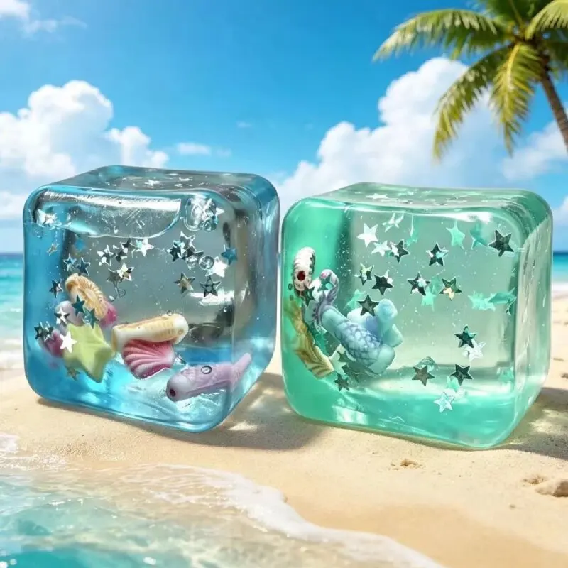 Ocean Ice Cube Squishy Toy Transparent Glitter Slow Rising Fidget Toy Stress Relief Sensory Toy for Kids Adults Office School