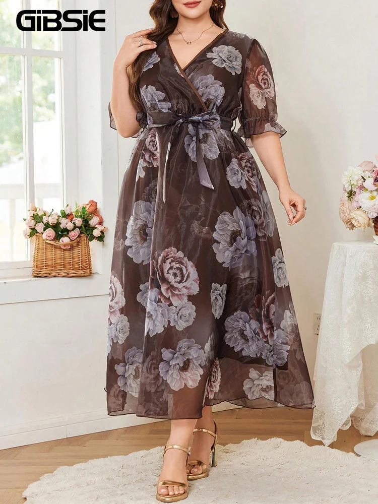 

GIBSIE Plus Size Floral Print Belted A-Line Dress Women Summer V-Neck Puff Sleeve Elegant Vacation Long Dresses 2026 New