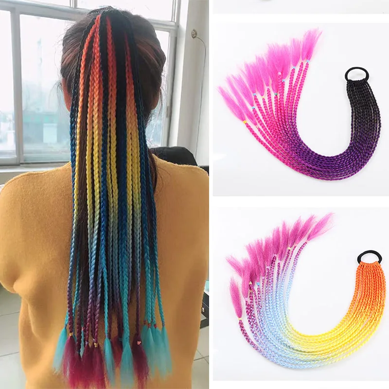 Box Braids Hair For Kids Box Braid Ponytail Extensions Ombre Synthetic Hairpiece With Rubber Band Pontail Pink Rainbow 24Inch