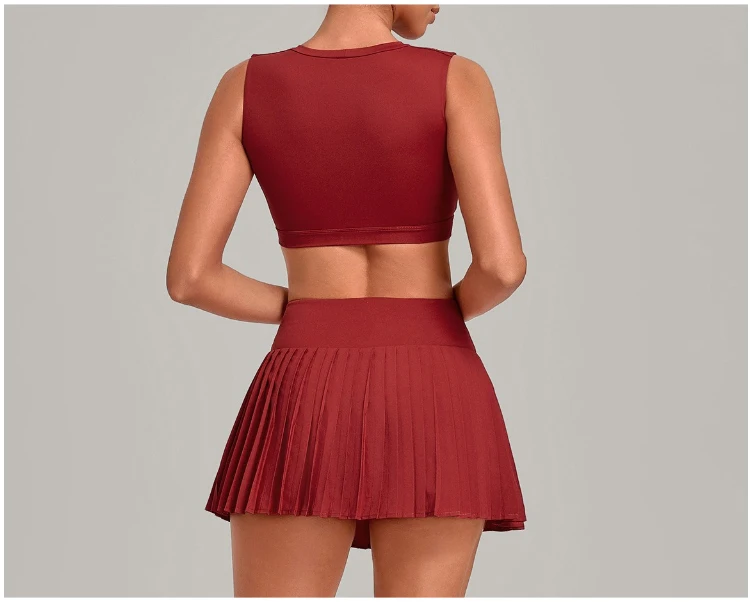 VITALINOVO Tennisrock-Sets für Damen, Rundhals-Camisole-Oberteil, passend dazu hochtaillierter, plissierter Sportrock für Damen, ideal für Tennis, Golf und Workouts – Detail 4