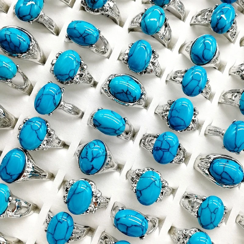 20/30/50Pcs/Lot Vintage Natural Blue Pine Stone Rings for Women and Men Fashion Silvery Charm Jewelry Accessories Gift Wholesale