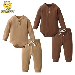 Spring Autumn infant Baby Boy 2pcs Clothes Set Solid Knitted Long Sleeve V-Neck Bodysuit Top + Pants Newborn Boys Casual Outfit