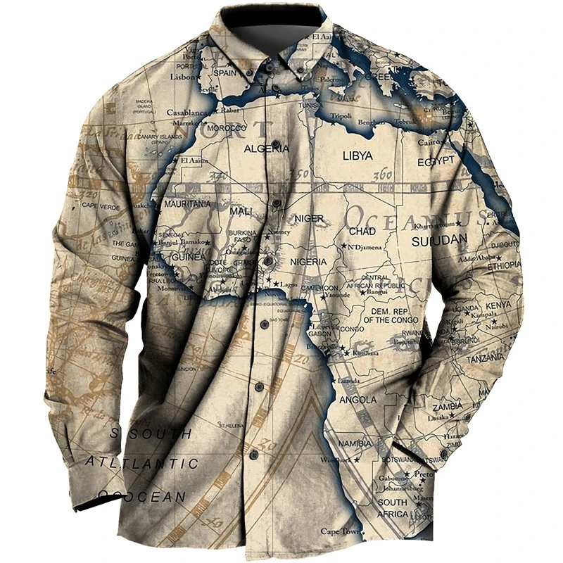 Men's Daily Casual Vintage World Map 3D Printed Shirt Long Sleeve Street Classic Cool Retro Design Blouses Clothing Lapel 2024