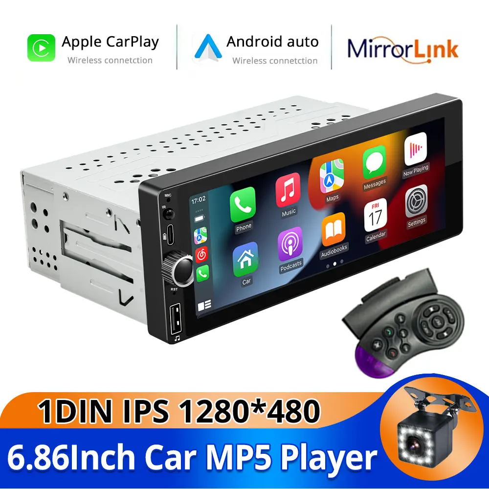 6,86-дюймовый универсальный Carplay для автомобильного экрана 1Din, автомобильный радиоприемник, мультимедийный видеоплеер, беспроводной экран Carplay для Apple или Android