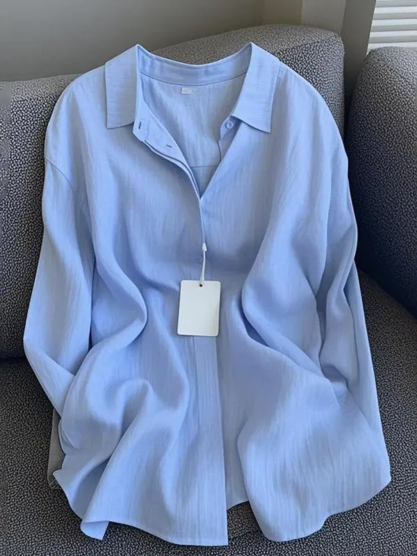 Blue Linen Loose Casual Women's Shirt Spring New Style Slimming Sun Protection Korean Style Commute Regular Sleeve Long Shirt 3
