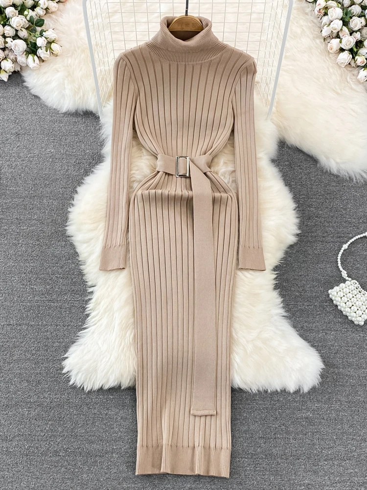 YuooMuoo Fashion Ribbed Knit Full Sleeve Dress with Belt Ladies Autumn Winter Elegant Knit Sweater Dress Women 2023 New Vestidos