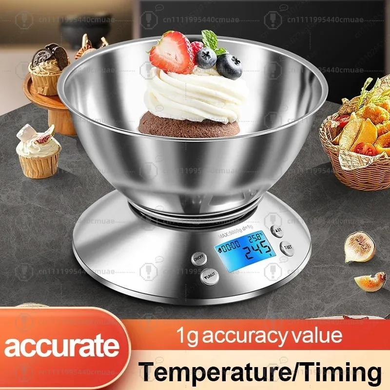 Smart digital kitchen scale, stainless steel bowl, detachable weighing function battery powered 1g indexing for food