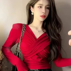 Gidyq Autumn Red Slim Long Sleeve T Shirt Women Fashion Pleated V Neck Bottoming Shirt Elegant Chic Female Crop Tees New
