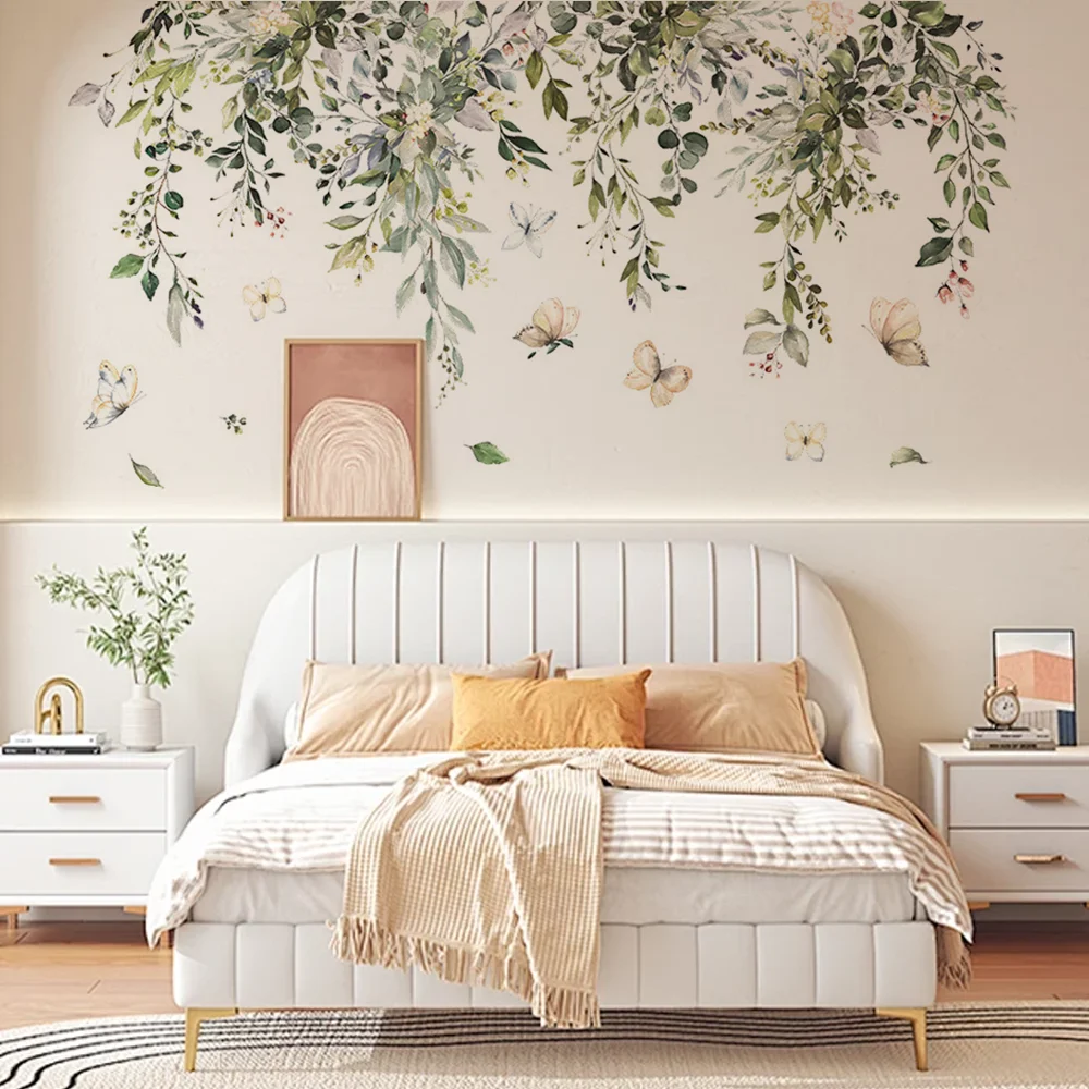 Watercolor Vines Butterfly Wall Stickers Removable Self-Adhesive Vinyl Decals For Home Decoration Greenery Art Bedroom Decor