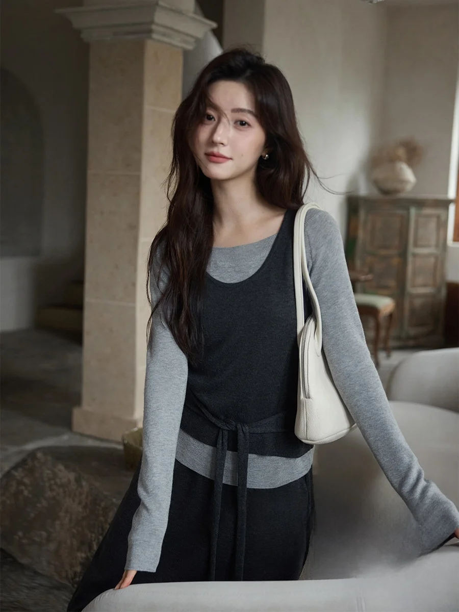 

Unique Design Slim Fit Knitted Sweater Women's Casual Sle Soft Fabric Long Sve round Ne Pure Color Faionable Top