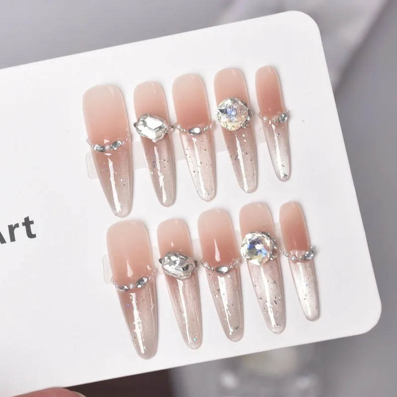 

2026 Extra Long False Nails 10 Pcs French Cat Eye Rhinestone Nail Tips Artificial Press on Nails Finger Nails with Box and Tools