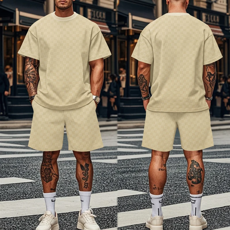 2024 New For Man Summer Jacquard PJlaid Short Sleeve T-shirt Fashion Sports Set Breathable T-shirt + Shorts Sports Two-piece Set