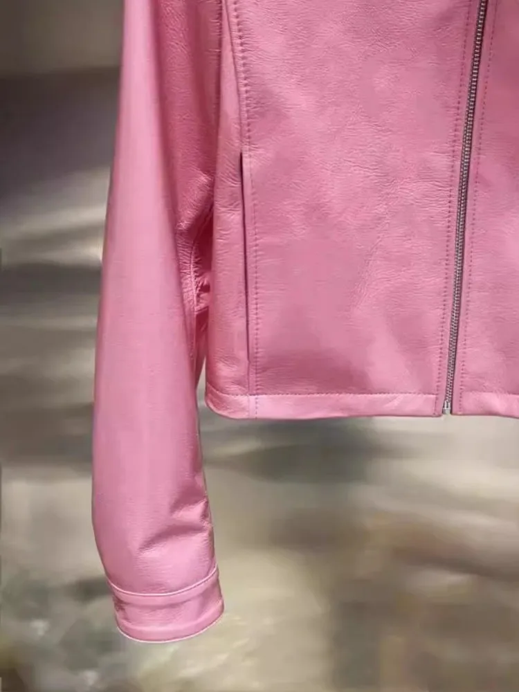 핑크 여성용 광택 양가죽 진짜 가죽 재킷 슬림 핏 지퍼 스탠드 칼라 모터사이클 바이커 방풍 숏 스타일 코트