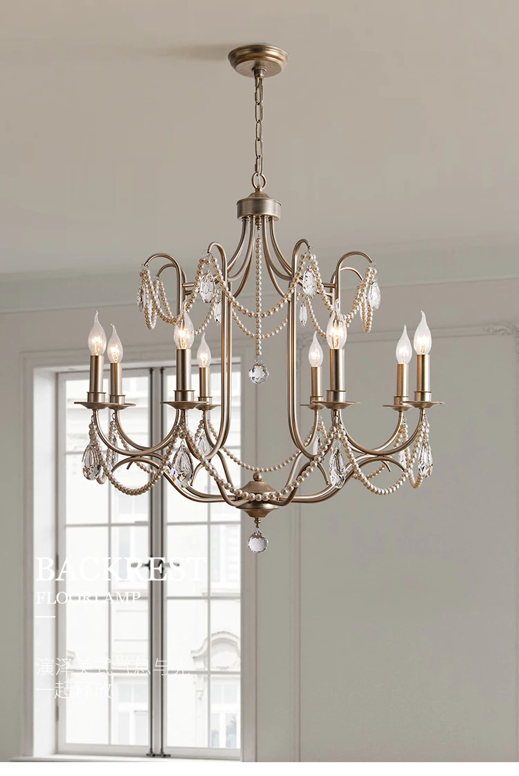 مصباح رئيسي لغرفة المعيشة من الكريستال، فيلا أمريكية قديمة فضية، غرفة نوم راقية، غرفة طعام، مصباح كريستالي لؤلؤي