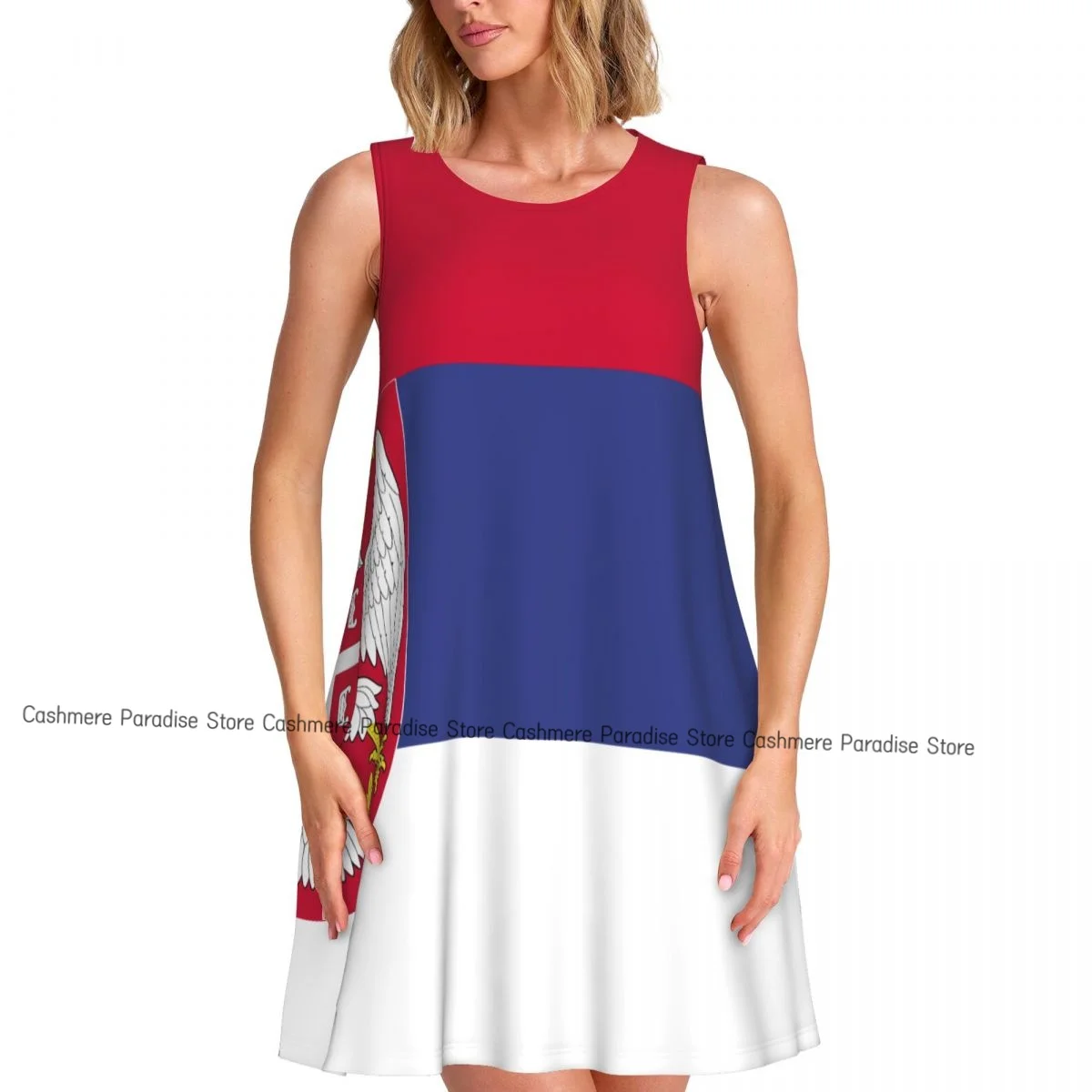 Women Casual Knee Women's Dress Serbian Flag O Neck Sleeveless Above Dress
