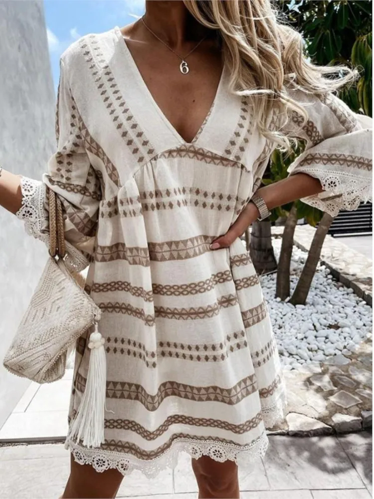 

Women Fashion V-neck Lace Loose Dresses Long Sleeve Printed Commuter Leisure Dress Female Vacation Vestidos 2025 Summer Clothing