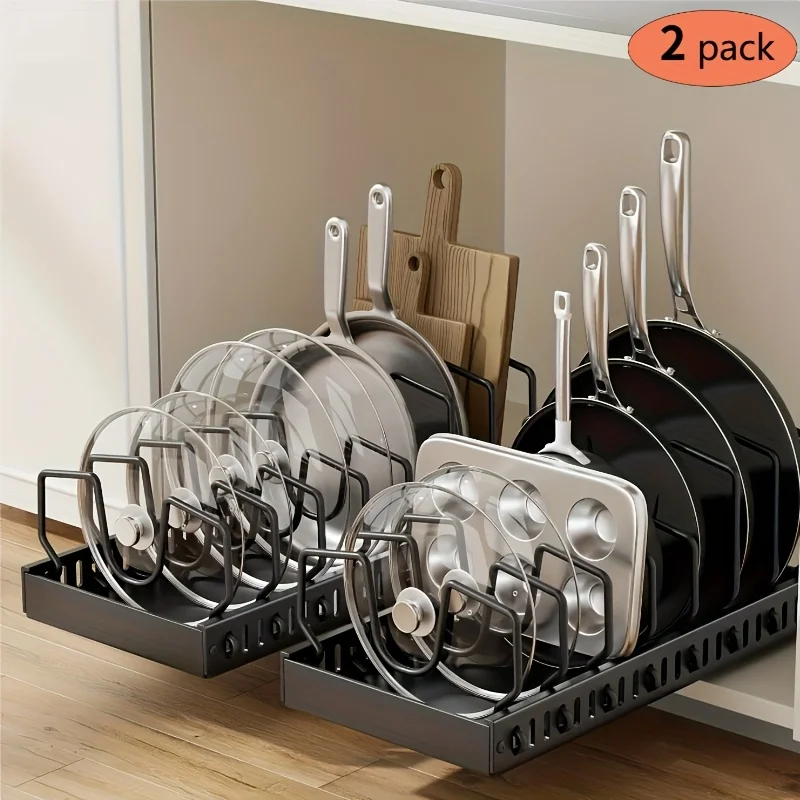

us2pcs Pull Out Pot Lids Organizer Rack, Pots And Pans Organizer for Under Cabinet with 8 Adjustable Compartment, Pot Lid Holder for Kitchen Cabinet Cookware Bakingd