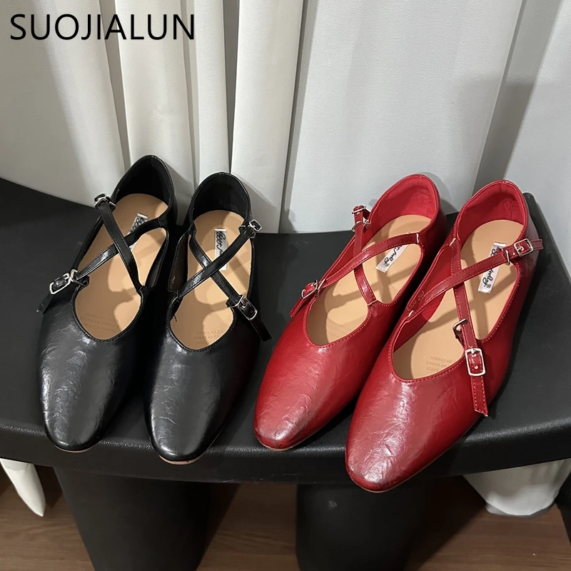 SUOJIALUN Autumn Women Flat Shoes Fashion Round Toe Slip On Ladies Eelgant Mary Jane Shoes Soft Flat Heel Outdoor Dress Boat Sho