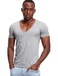 Deep V Neck T Shirt for Men Low Cut Vneck Wide Vee Tee Male Modal Drop Tail Slim Fit Short Sleeve Tshirt Invisible Undershirt