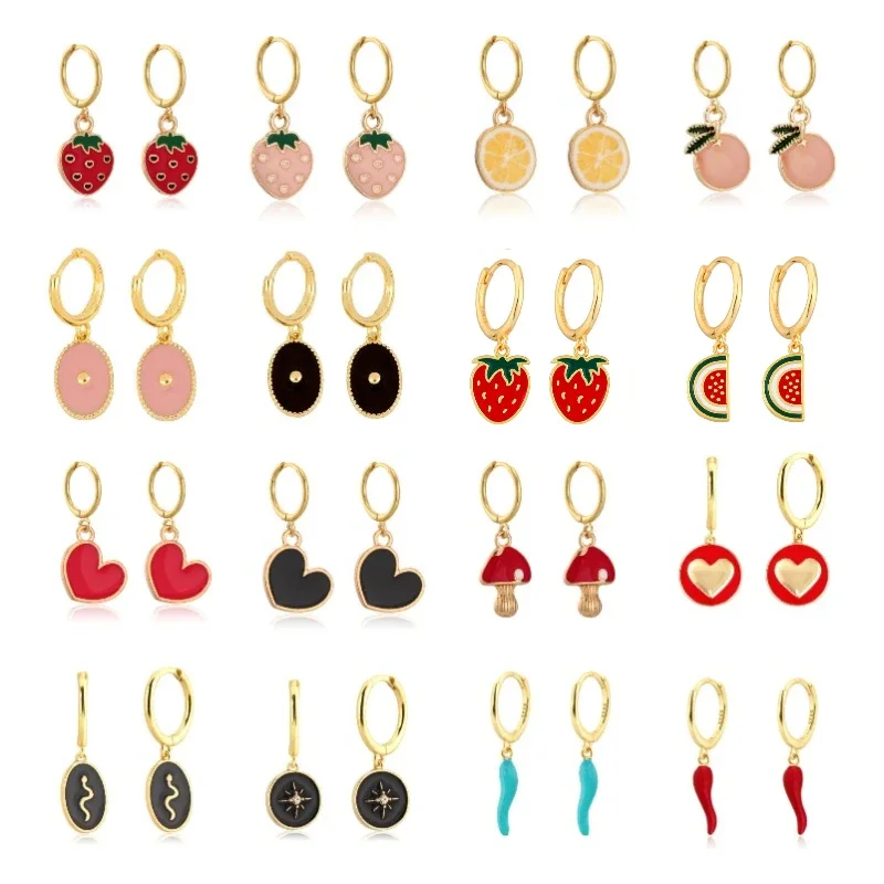 Cute Enamel Chili Pepper INS Fruits Strawberry Lemon Hoop Earring Charming Summer Dripping Oil Jewerly Pendientes Oorbellen