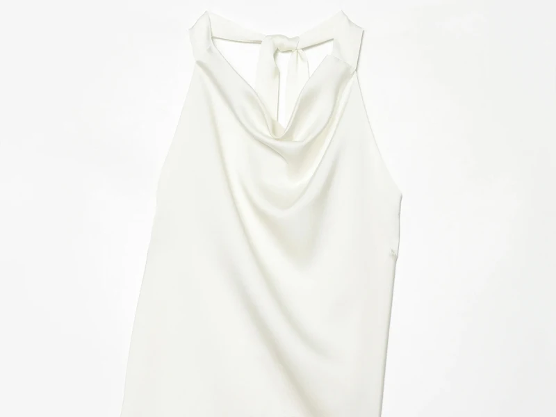 HXAO Satin-Neckholder-Top für Damen, weiß, asymmetrisch, ärmellos, mit offenem Rücken, für den Sommer, schwarz, elegant, rückenfrei, mit Bändern, Tank-Tops – Detail 4