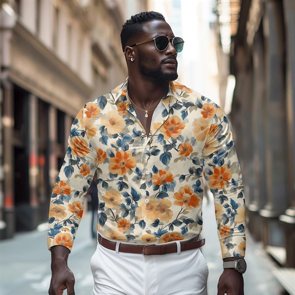 

Long sleeved shirt, spring and autumn new style, orange floral pattern