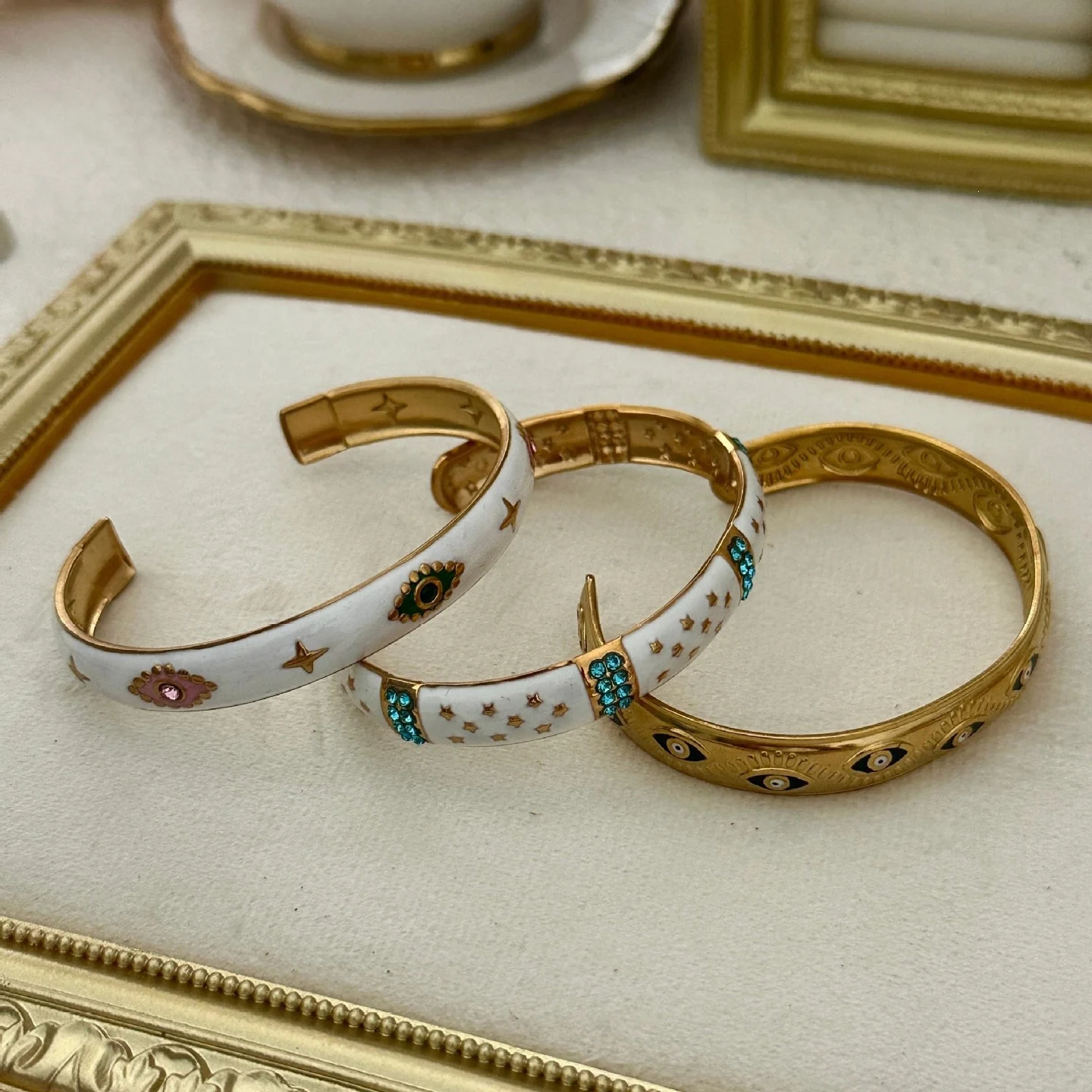 Vintage Evil Eye Enamel Cuff Bracelet For Women 18K Gold Plated Stainless Steel Open Stack Bangle Lucky Protection Jewelry Gift