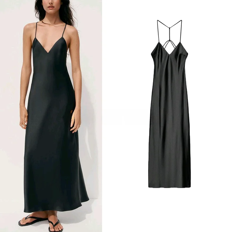 فستان نسائي صيفي جديد بتصميم بسيط برقبة على شكل V بدون أكمام من الحرير الصناعي بخصر مرتفع للعمل #3