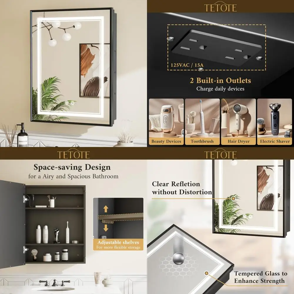 

Black LED Lighted Metal Framed Bathroom Medicine Cabinet, 20x26 inches, Recessed or Surface Mount