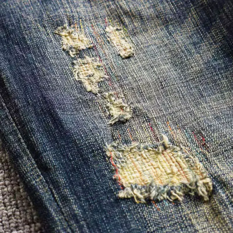 Newly Designer Fashion Men Jeans Retro Black Blue Stretch Slim Fit Ripped Jeans Men Embroidery Patched Vintage Denim Pants Homme