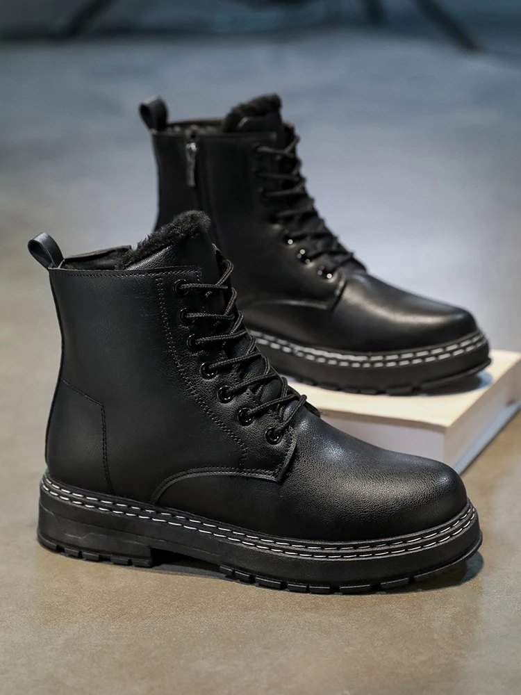 AliExpress NONE Men's Black Warm Thickened Snow Boots, Stylish British-Style Ankle Boots, 2025 Autumn & Winter New Outdoor Cycling Moto Boots