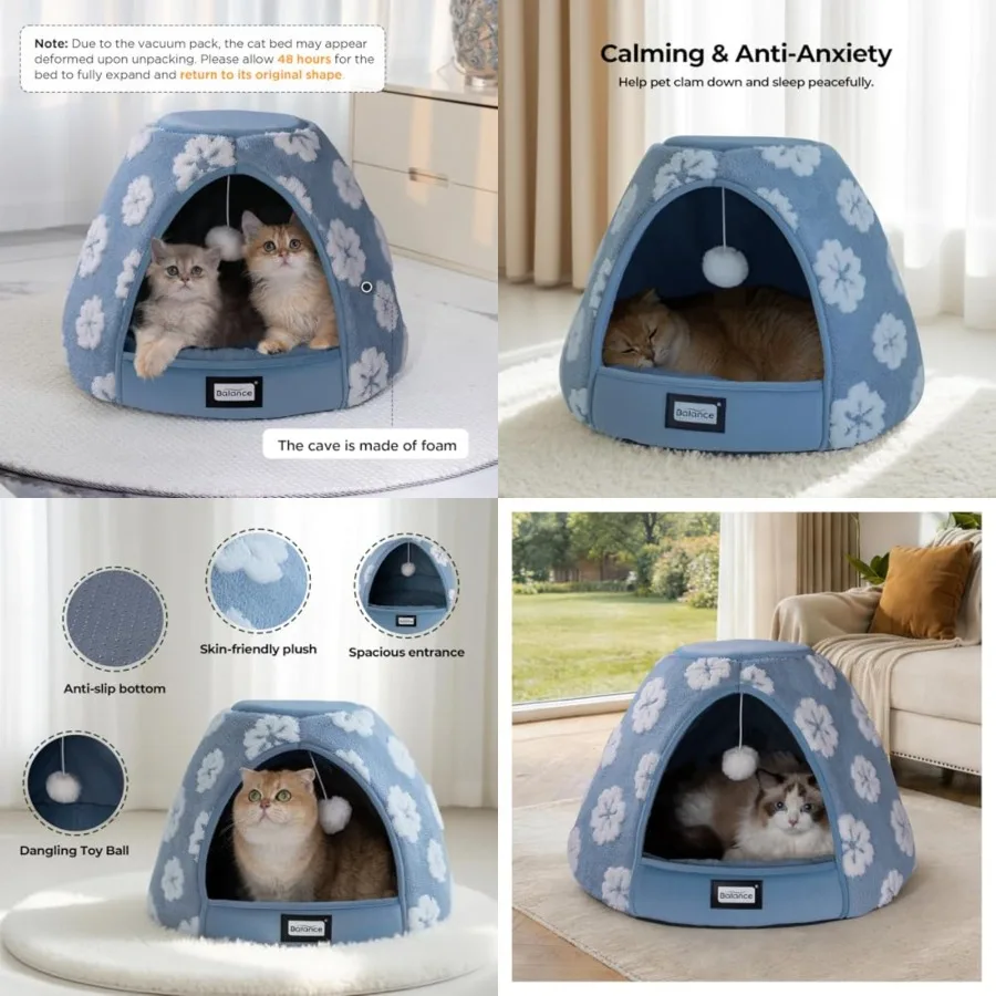 

Cat Beds for Indoor Cats, 2-in-1 Cat Bed Cave with Anti-Slip Bottom and Ultra-Soft Plush, Cozy Cats House Tent for Kittens and
