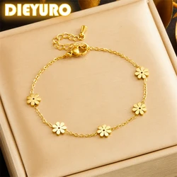 DIEYURO 316L Stainless Steell Golden Daisy Bracelet For Womens 2024 New Concise Trend Non-fading Flower Hand Chain Jewelry Gift