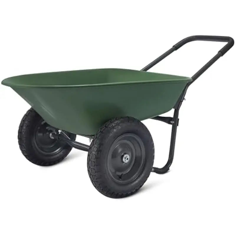 Heavy-duty garden wheelbarrow with 330 lb load limit and 3.7 cu ft capacity, green steel-frame design, inflatable rubber tires f