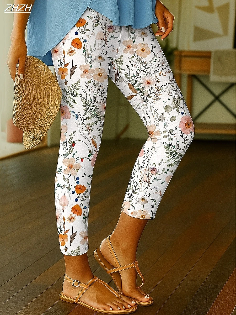 กางเกงเลกกิ้งผู้หญิงลายพิมพ์สไตล์ชาติพันธุ์ ลายดอกไม้ ผ้าโพลีเอสเตอร์ผสมสแปนเด็กซ์ ยืดหยุ่น เอวยางยืด กระชับทรง แฟชั่น Y2K สตรีทแวร์
