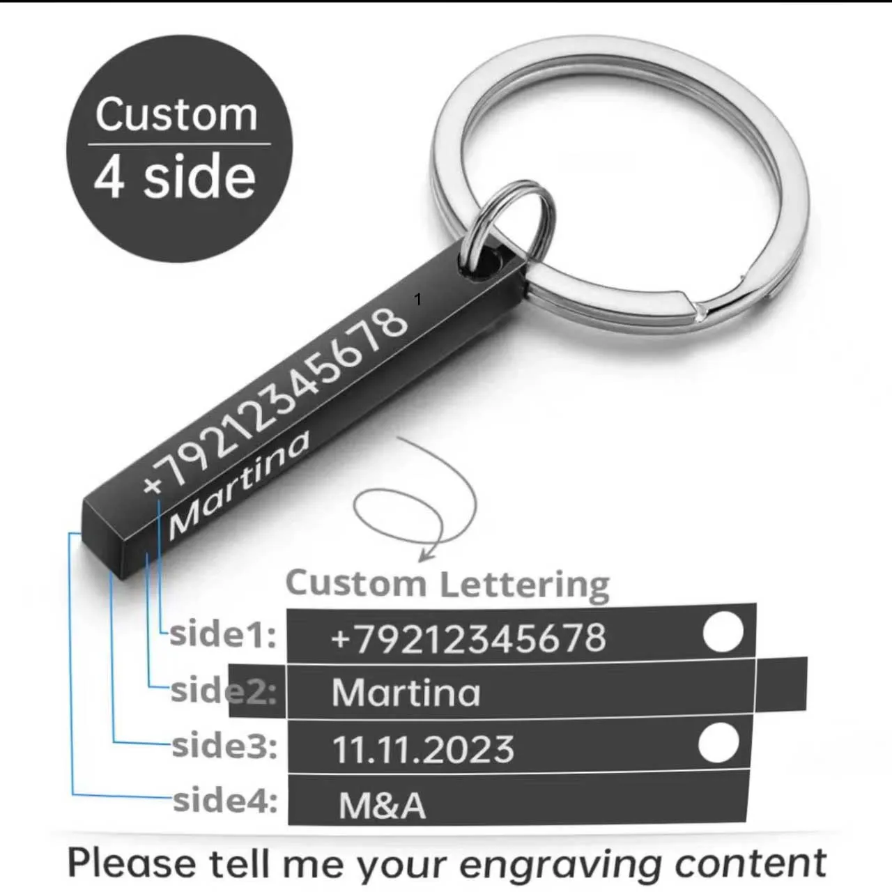 Personalize Keychains 3D Bar Stainless Steel Keyrings 4 Sides Engrave Text Name Date Logo Custom Key Chains Rings Love Gift