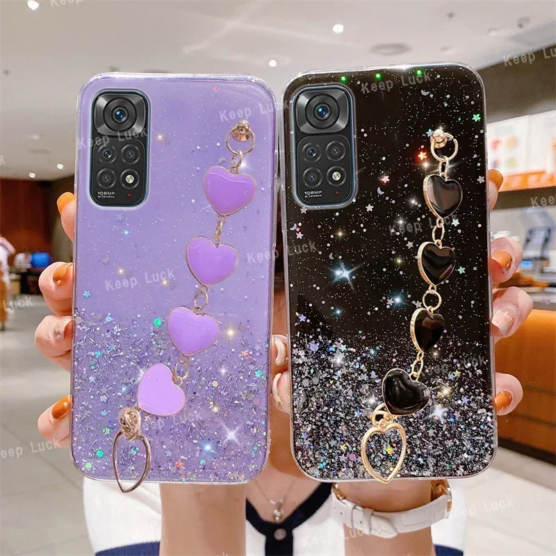 Love Heart Wrist Chain Phone Case For Xiaomi Redmi Note 11 13 12S 12C 12 11S 10S 10A 10C 9 9A 9T 9C POCO X5 Glitter Bumper Cover