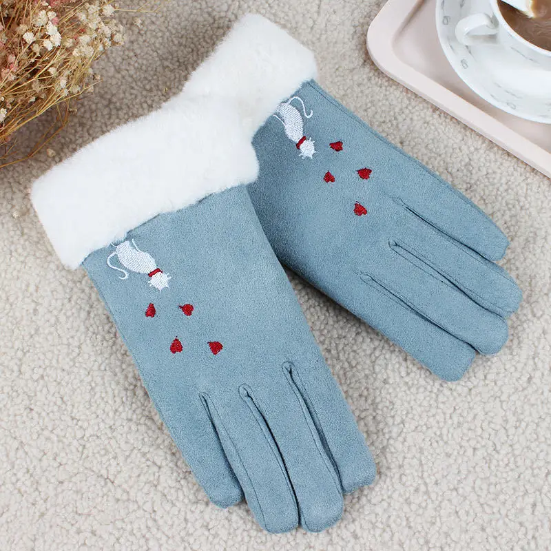 Fashion Winter Women Gloves Cute Embroidery Cat Furry Warm Cartoon Full Finger Mittens Lady Outdoor Sport Female Gloves T161