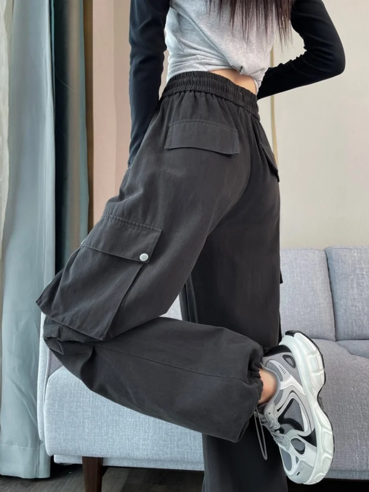 American Style Fleece Lined Straight Leg Work Pants Thick Casual High Waist Trousers for Women Autumn Winter Fashion