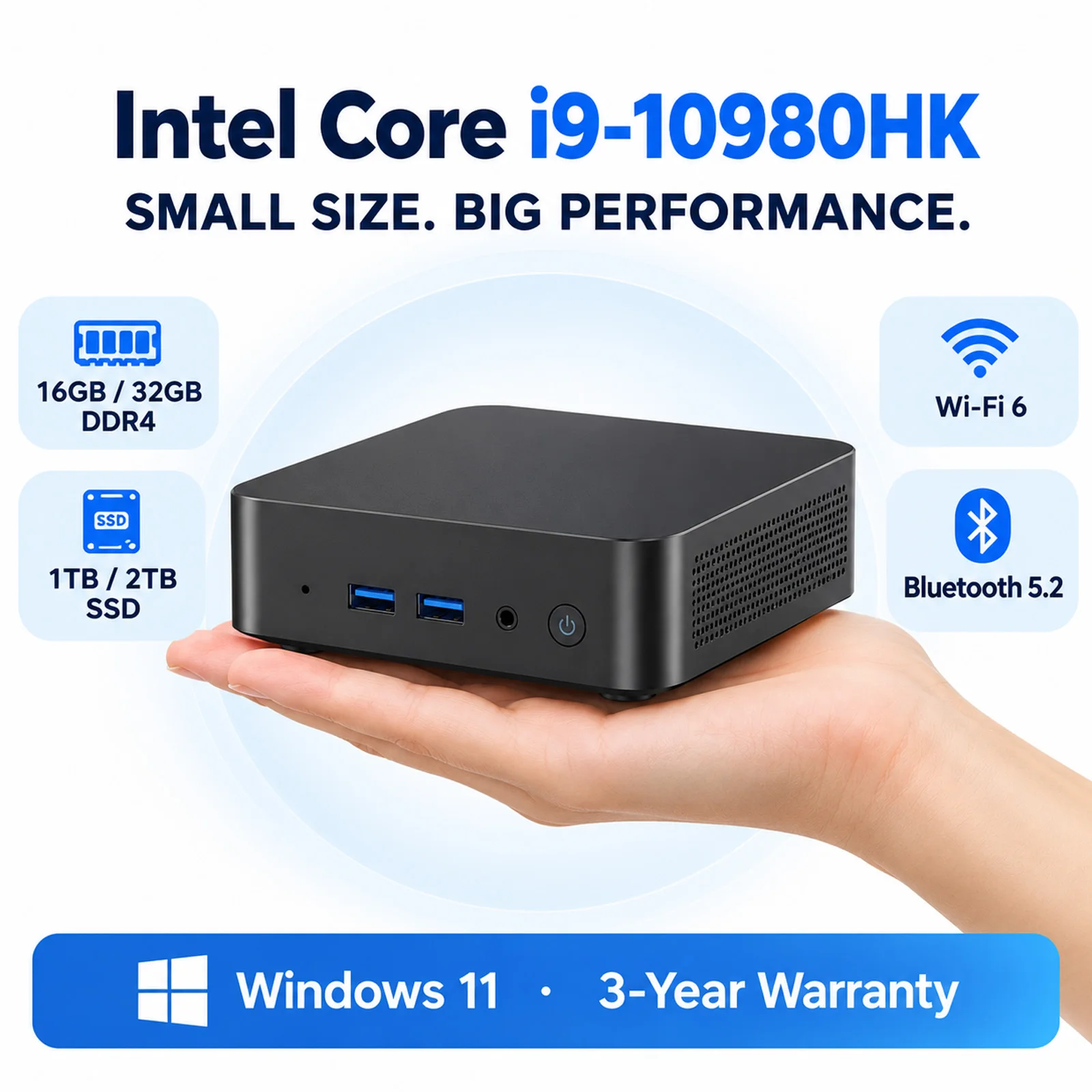미니 PC, Windows 11 Pro, Intel Core i9-10980HK, 16GB/32GB RAM, 1TB SSD, Wi-Fi 6, Bluetooth 5.2, 4K HD – 사무 및 학습에 적합