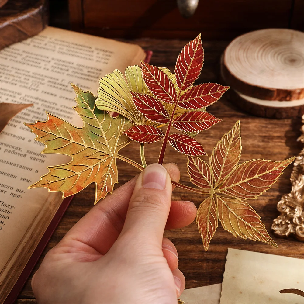 4 قطعة/الحزمة خمر يترك البرنز المعادن المرجعية مجموعة مع سلسلة معدنية قلادة المرجعية للطلاب الكتاب عشاق الكتاب القراء #4