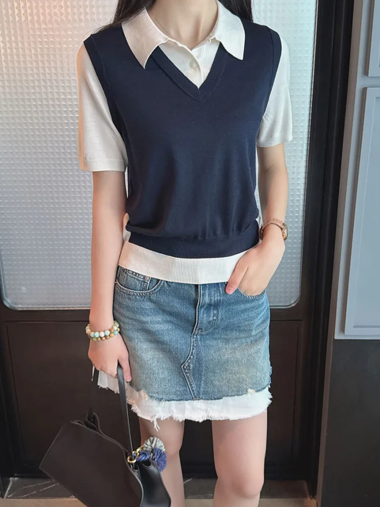 

Miu Sle Silk Wool Ne ort Sve Летняя ленивая трикотажная футболка из двух частей в стиле пэчворк Женский модный топ