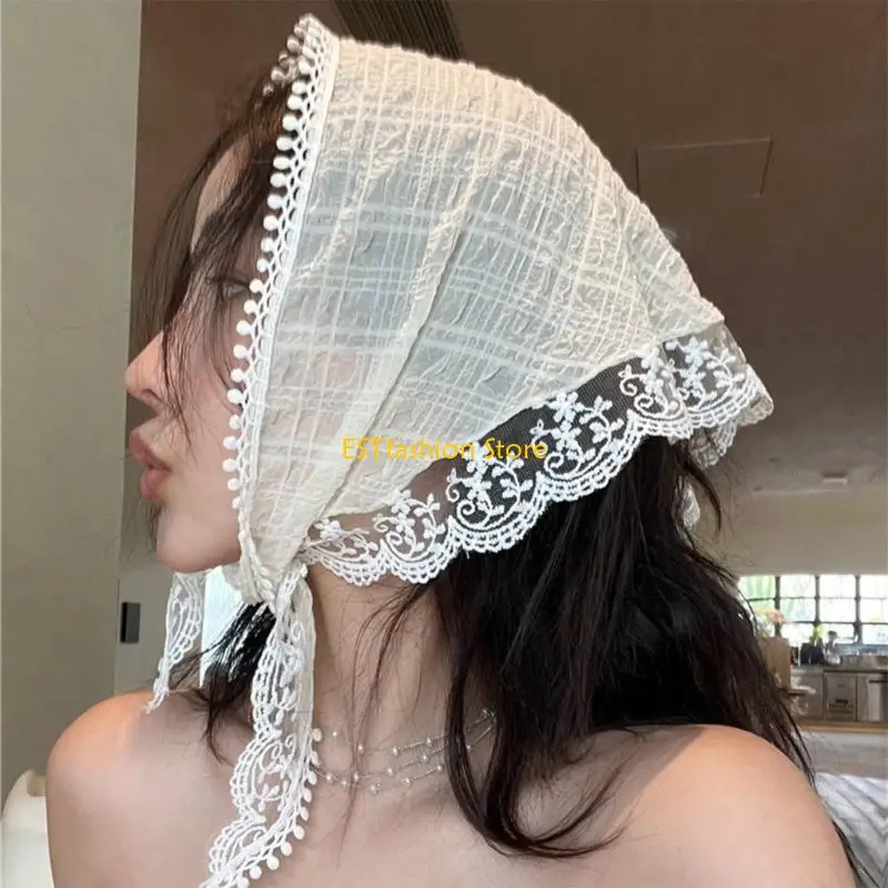 

Y5GC Милый цветочный кружевной платок для волос с завязками и завязками Треугольный платок на голову