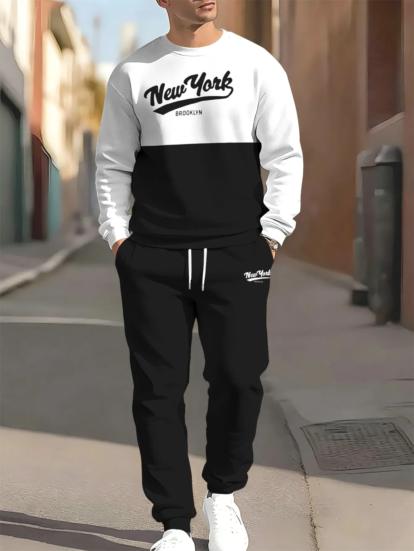 2026 autumn and winter new style street sports fashion casual 3D letter pattern printed men's round neck sweater set